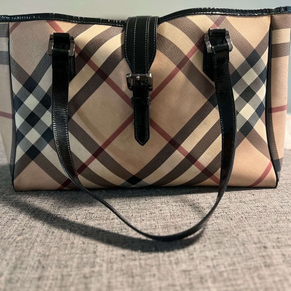 Burberry Tan and Black Structured Tote Bag